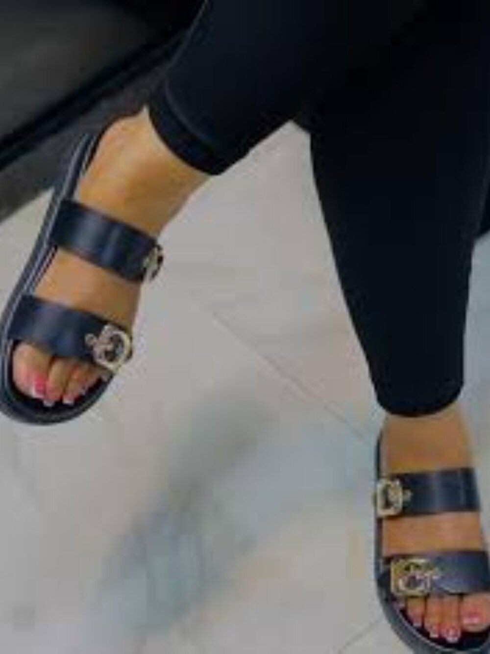 Coach Gable Black Leather Double Strap Slide Sandals with Gold Buckles Size 6